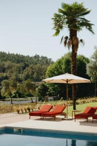 a pool with chairs and an umbrella and a palm tree at Casa do Ave Riverside Suite in Vila do Conde