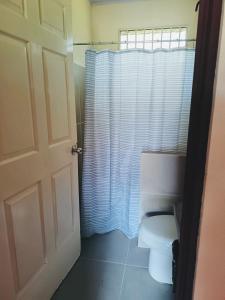 a bathroom with a toilet and a shower curtain at inya lodge in Ciudad Cortés