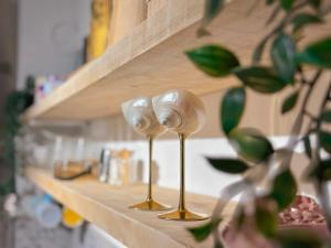 two wine glasses sitting on a shelf with a plant at Siera's Cozy in Pristina