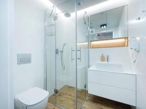 a bathroom with a shower and a toilet and a sink at Comfortable apartment near the sea, Pobierowo in Pobierowo +20 photos