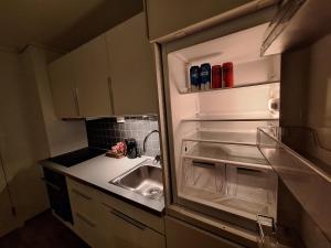 a kitchen with an empty refrigerator with a sink at Central and comfortable apartment in Tromsø in Tromsø +23 photos