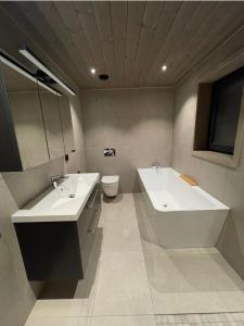 LøtenにあるFjellro Budor - ski in ski outのバスルーム(洗面台2台、バスタブ、トイレ付)