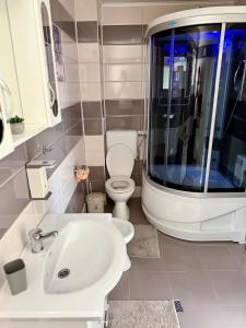 a bathroom with a white sink and a toilet at Dream Crest in Bran +8 photos