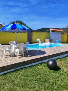 a pool with a swan and chairs and an umbrella at Pousada Sol e Mar Dias Cezar in Paraty