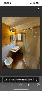 a bathroom with a shower and a sink and a toilet at Cabanas Gael in Mar de las Pampas