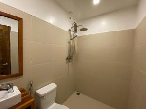 a bathroom with a toilet and a sink and a mirror at Appartment Bonak peaceful Beachfront Escape with Kitchen and AC in General Luna