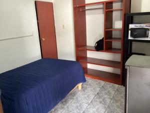 a bedroom with a blue bed and a closet at Habitación privada zona Satélite in Mexico City