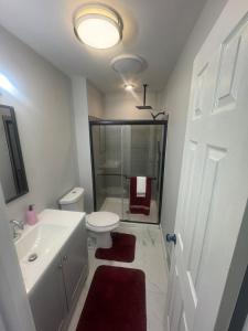 a bathroom with a toilet and a sink and a shower at Suburban Retreat 15 Mins to Downtown Detroit in Southfield +14 photos