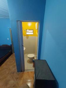 bagno con servizi igienici e parete blu di Hospedagem econômica a Sao Jose do Rio Preto