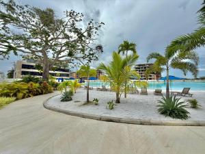 a walkway with palm trees and a swimming pool at Baia Krystal P4, 1A in Cartagena de Indias