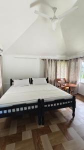 a bed in a room with a ceiling fan at Peyolis Place in Jāmb