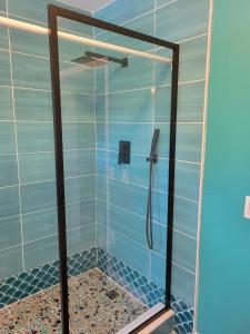 a bathroom with a shower with blue tiles at The Mermaid on the Cotee River in Port Richey +89 photos