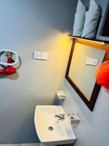 a bathroom with a sink and a mirror and towels at Chamikara Homestay in Sigiriya +43 photos