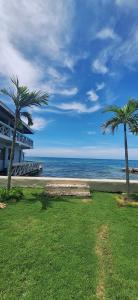 two palm trees next to a beach with the ocean at Casa Mariner Resort in Good Hope