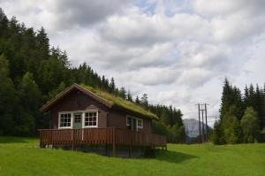 a small house with a grass roof on a field at Døskelandslia Camping in Sygna