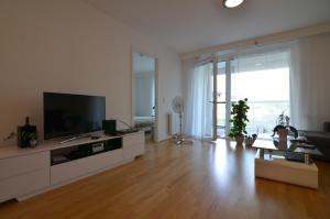 a living room with a television and a large window at Apartment with parking on premise in Vienna