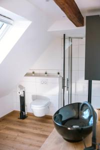 a bathroom with a toilet and a black tub at City Apartment in Kirchheim unter Teck