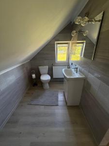 a bathroom with a toilet and a sink and a mirror at Pod Podwijką in Jeleśnia +8 photos