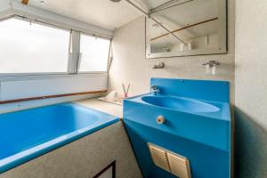 a bathroom with a blue sink and a mirror at Penichette Odyssey Croisieres in Bellegarde