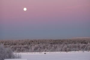 a full moon rising over a snow covered field at Vasko Luxurious Suites, Firefox in Rovaniemi