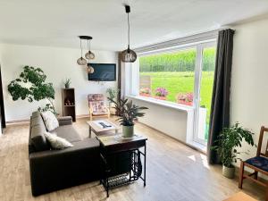 a living room with a couch and a large window at Dolpo 55 - Pouze pro dospělé in Benešov