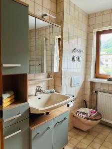 a bathroom with a sink and a toilet at Haus Oberland in Bad Endorf +28 photos