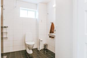 Un baño blanco con inodoro y ventana. en Ski in/Ski | Sauna | WiFi | Terrace, en Lofsdalen