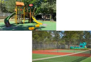 a collage of three pictures of a playground at provence au pied du Luberon emplacement 325 domaine des iscles in La Roque-dʼAnthéron
