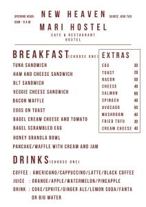 a list of the menu for the new heaven meat house at Mari hostel in Koh Tao