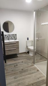 een badkamer met toilet, wastafel en douche bij Studio Grimm - Tiny House in Le Cellier