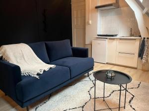 a blue couch in a living room with a table at Cozy apartment in Enschede