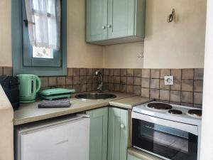 a kitchen with green cabinets and a sink at Kastro Studio in Sikinos