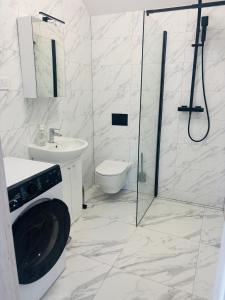 a bathroom with a shower and a toilet and a sink at Delux Brama do Natury MountainAparts in Świeradów-Zdrój