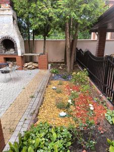 a garden with a tree in the middle of a yard at Noclegi Jak u Babci in Nowe Miasto