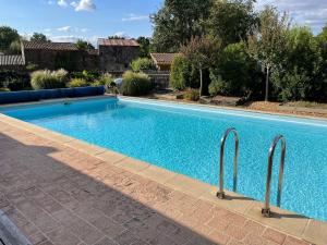a blue swimming pool with two metal rails in a yard at Gite El Camino in LʼHerbergement +16 photos