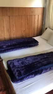 two beds in a room with wooden walls and purple pillows at Kings Hotel in Dargai