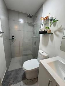 UrucaにあるCozy Apartment in San Jos Costa Rica with Stunning Sunset Viewsのトイレと洗面台を備えた白いバスルーム