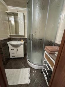 a bathroom with a shower and a sink at Holovna-Depot in Chernivtsi