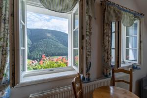 a window with a view of flowers and mountains at Pension Slunečnice & Panorama Restaurace Farma in Špindlerův Mlýn