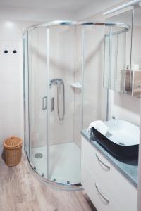 una ducha con puerta de cristal en un baño en Maribella Apartment, en Maribor