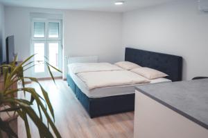 Un dormitorio con una cama con cabecero negro. en Maribella Apartment, en Maribor