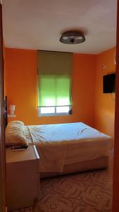Schlafzimmer mit einem Bett und einem grünen Fenster in der Unterkunft Apartamento en playa de Gandía in Playa de Gandia