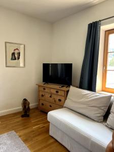 a living room with a couch and a flat screen tv at Apartment Siggi 81 sqm Balcony and Mountain View in Siegsdorf