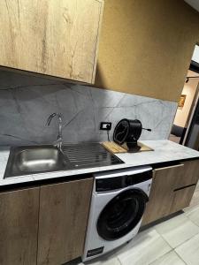 a kitchen with a sink and a washing machine at Lighthouse Apartaments Shengjin in Shëngjin