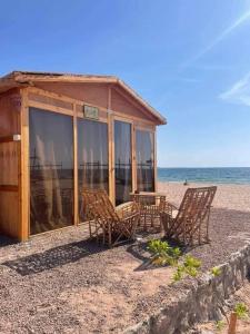 a building on the beach with chairs and a table at Mishmish wood house in Nuweiba