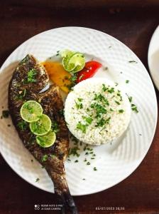 a plate of food with rice and fish and a tortilla at Mishmish wood house in Nuweiba