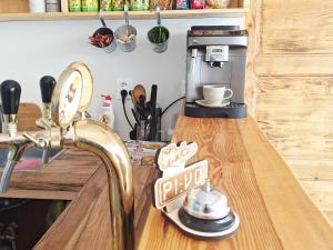 a kitchen counter with a coffee maker and a sink at Apartmán na detskej zážitkovej farme Fajnovô in Nová Baňa
