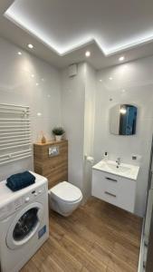 a bathroom with a washer and a toilet and a sink at 2 Tyskie Apartamenty z ogródkiem in Tychy