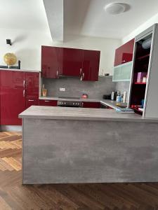 cocina con armarios rojos y encimera en Gemütliche Doppelhaushälfte mit Garten, Terrasse Ruhige Lage in Hobersdorf, 