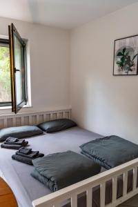 a room with four beds with pillows on them at Studio mit Terrasse bei Frankfurt in Bad Vilbel